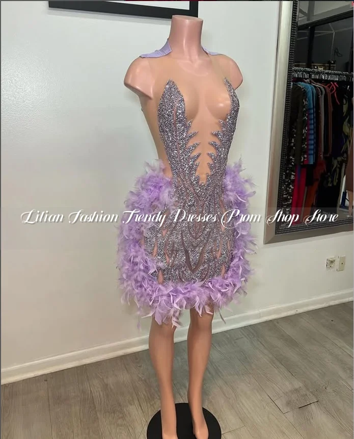 Sparkling Lilac Purple Mini Cocktail Dresses Sexy Crystal Rhinestone Feather Appliques Customised Formal Occasion Evening Gowns