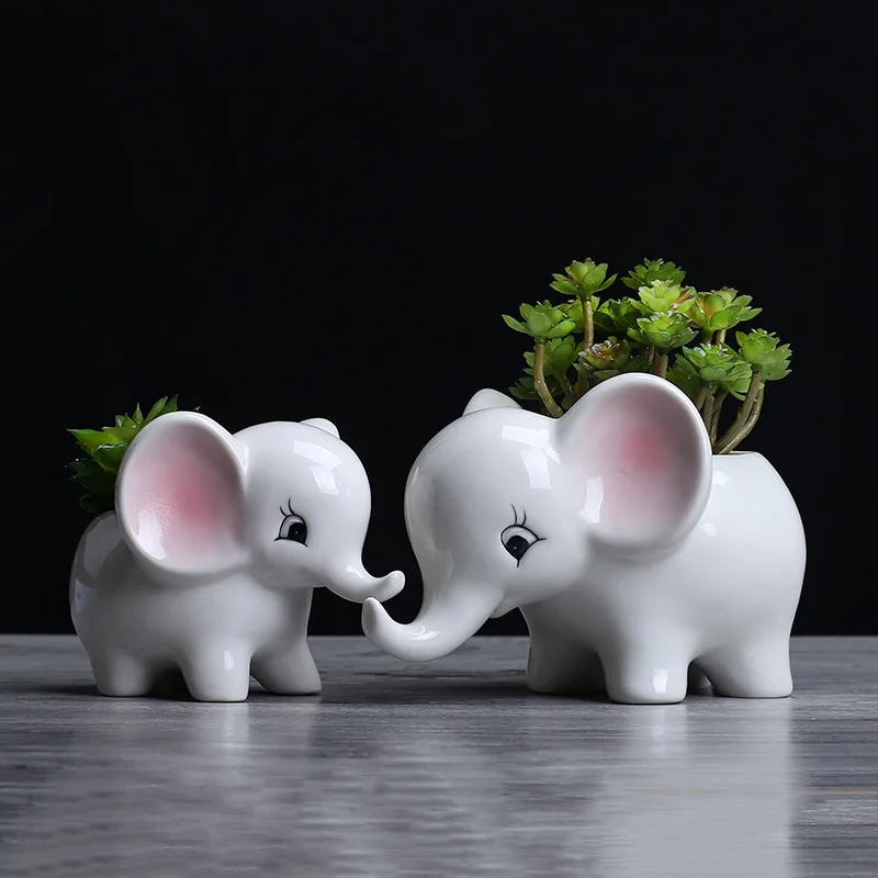 

Cute Elephant White Ceramic Flower Pots with Tray for Succulents, Cactus Plants, Mini Pot Planter, Home Garden Decoration