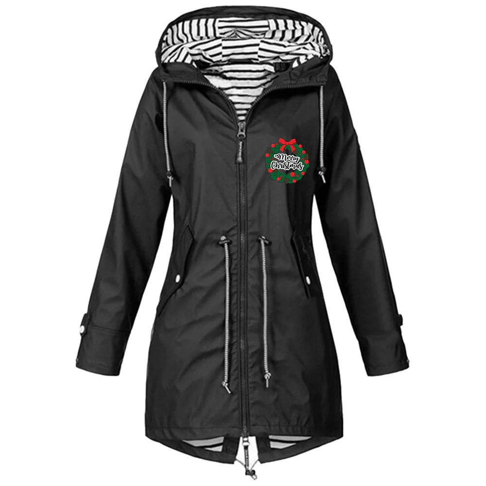 

Christmas Print Long Sleeve Fashion Loose Zipper Jacket Windbreakers Hooded Outdoor Sports Fashion Clothing Female Coat