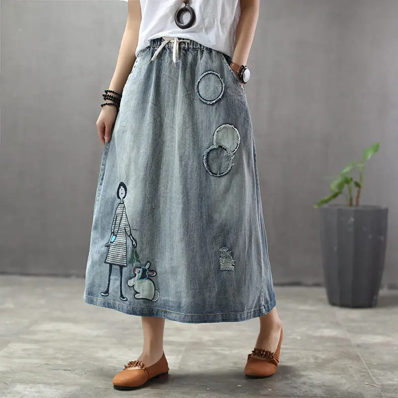 

2023 Spring Vintage Pinted Patch Denim Skirt Women's Elastic Waist Holes Washed Casual Loose Midi Saias Jeans Feminina Z349