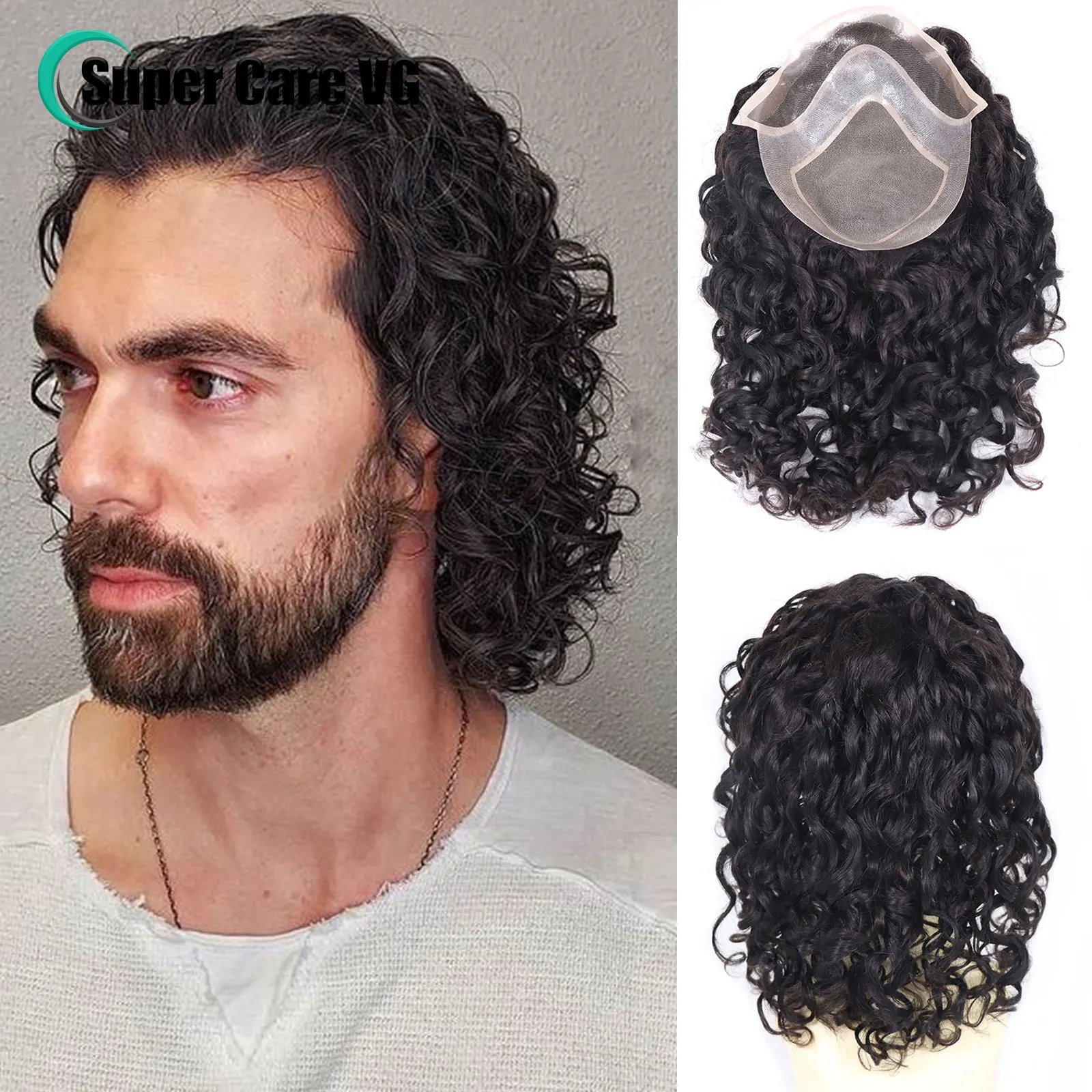 16Inch Jerry Curly Long Hair Men's Toupee Hair Replacement