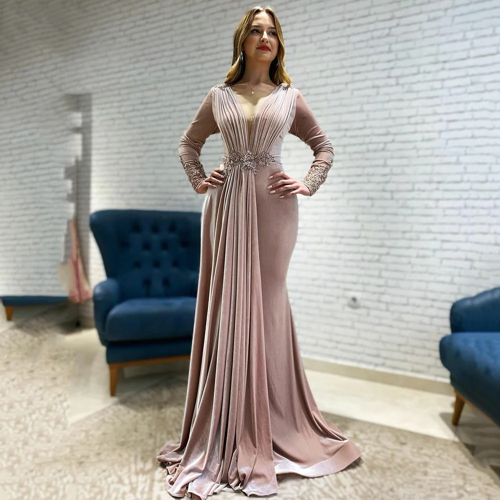 

Elegant Blush Pink Velvet Beading Mermiad Prom Dresses Sexy V-Neck Long Sleeves Formal Evening Dress Appliques Lace Party Gowns