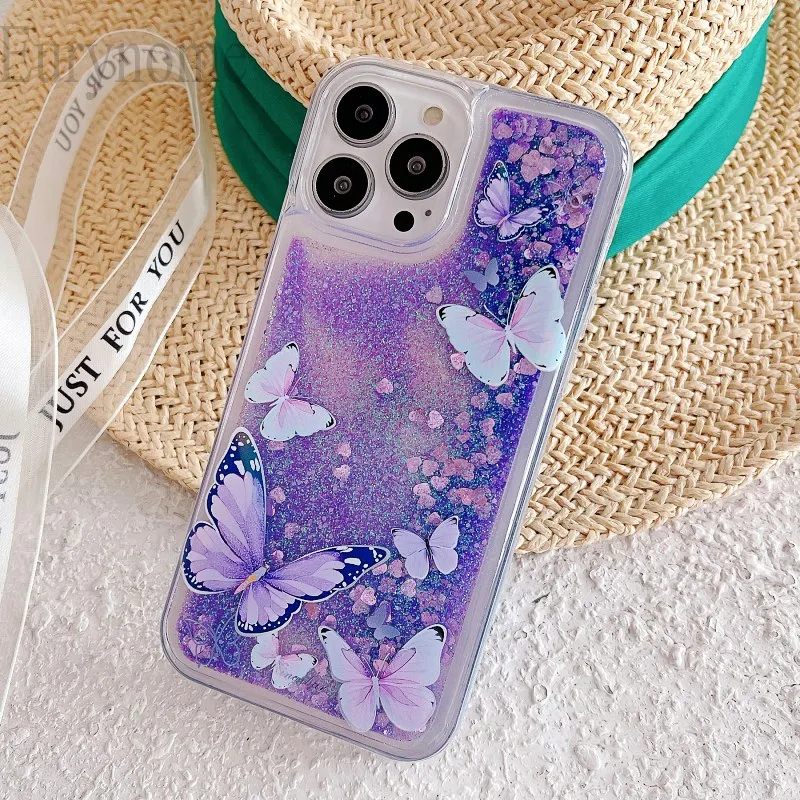 Pink Flower Butterfly Clear Liquid Glitter Quicksand Bling Case