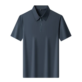 Polo da uomo in seta ghiaccio senza cuciture con mezza zip, sottile, traspirante, a maniche corte, con risvolto, elastico, per affari