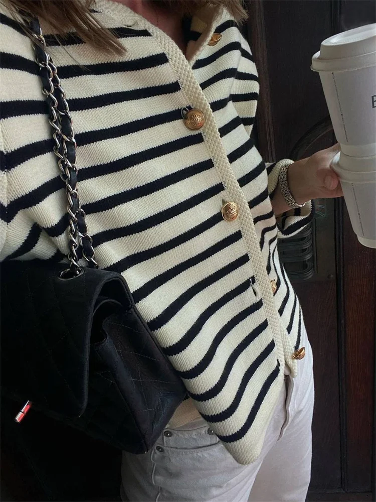 Suéter de punto a rayas, cárdigan, abrigo para mujer, suelto, de manga larga, a la moda, ajustado, con parches en contraste, prendas de vestir exteriores, abrigo de punto de verano