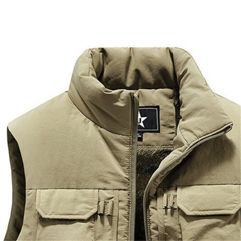 2024 New Men's Cargo Vest Winter Thick Fleece Warm Sleeveless Jacket Solid Color Tactical Coat Men Pockets Work Waistcoat 6XL