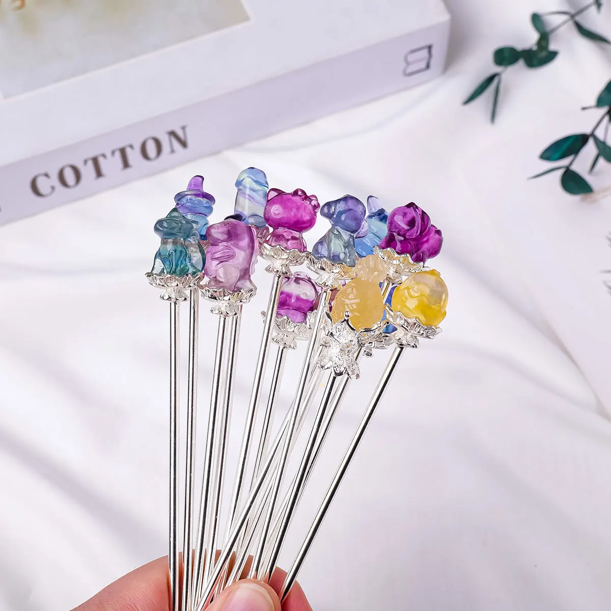 1pc Natural Gemstone Colorful Fluorite Cartoon Animal Sculptures Hairpin Crystal Barrettes Headwear Hair Accessories