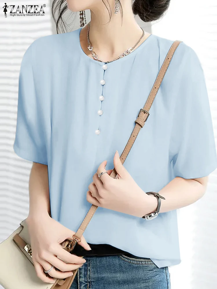 

ZANZEA Women Office Chiffon Blouse 2024 Summer Round Neck Buttons Tops Korean Short Sleeve Shirt Elegant Solid Color Tunic Blusa