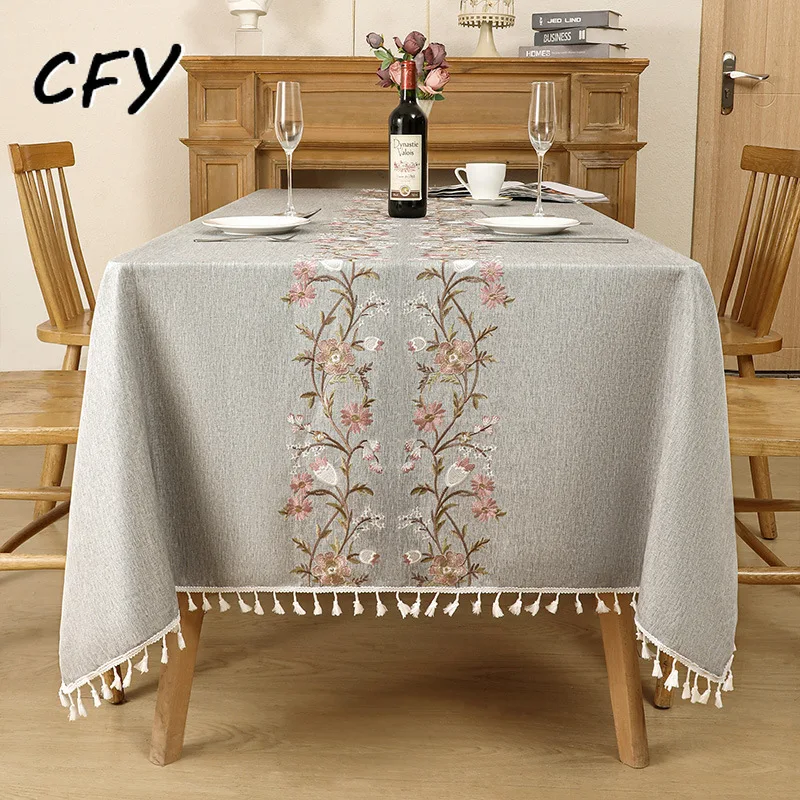 

Cotton Linen Modern Embroidered Flowers with Tassels Rectangular Table Cloth Kitchen Table Map Towel Household Tablecloth