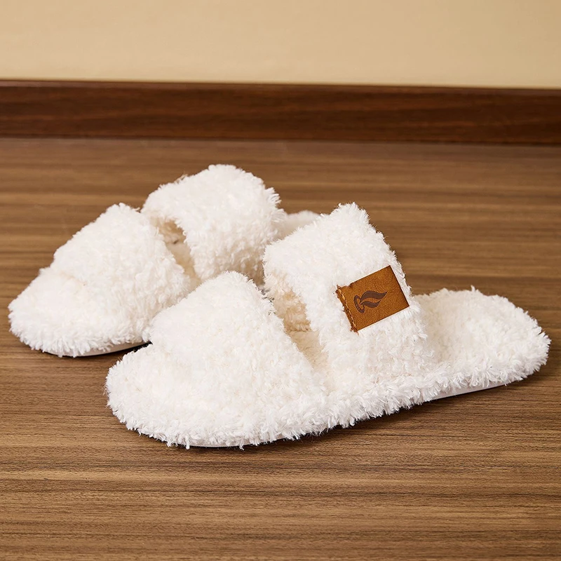 Autumn Winter Open Toe Fluffy Slippers Women Indoor Flat Heel Plush Slides Woman Comfortable Non Slip Home Fuzzy Slippers Female