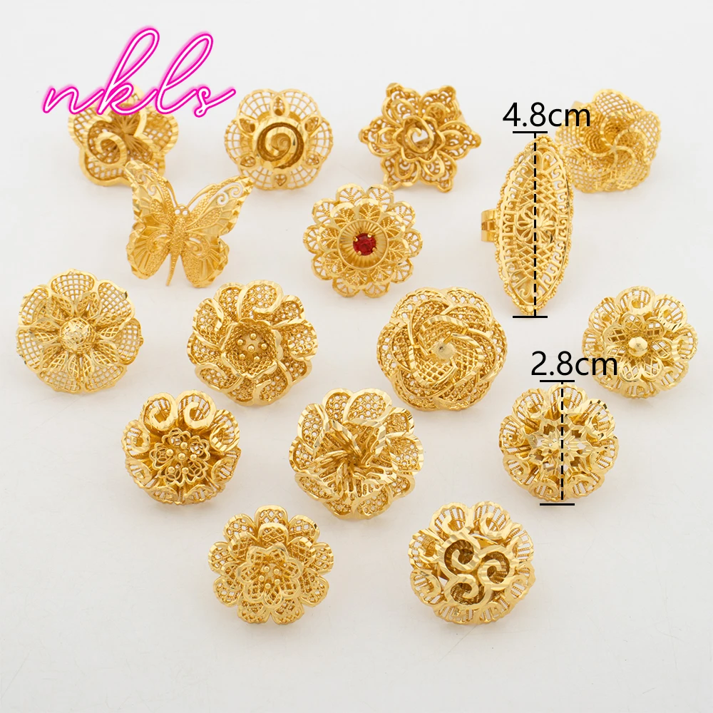 Luxury Gold Color Flower Rings Fashion Large Women Rings 18K Gold Plated Jewelry Dubai African Ethiopian Wedding Party Gifts