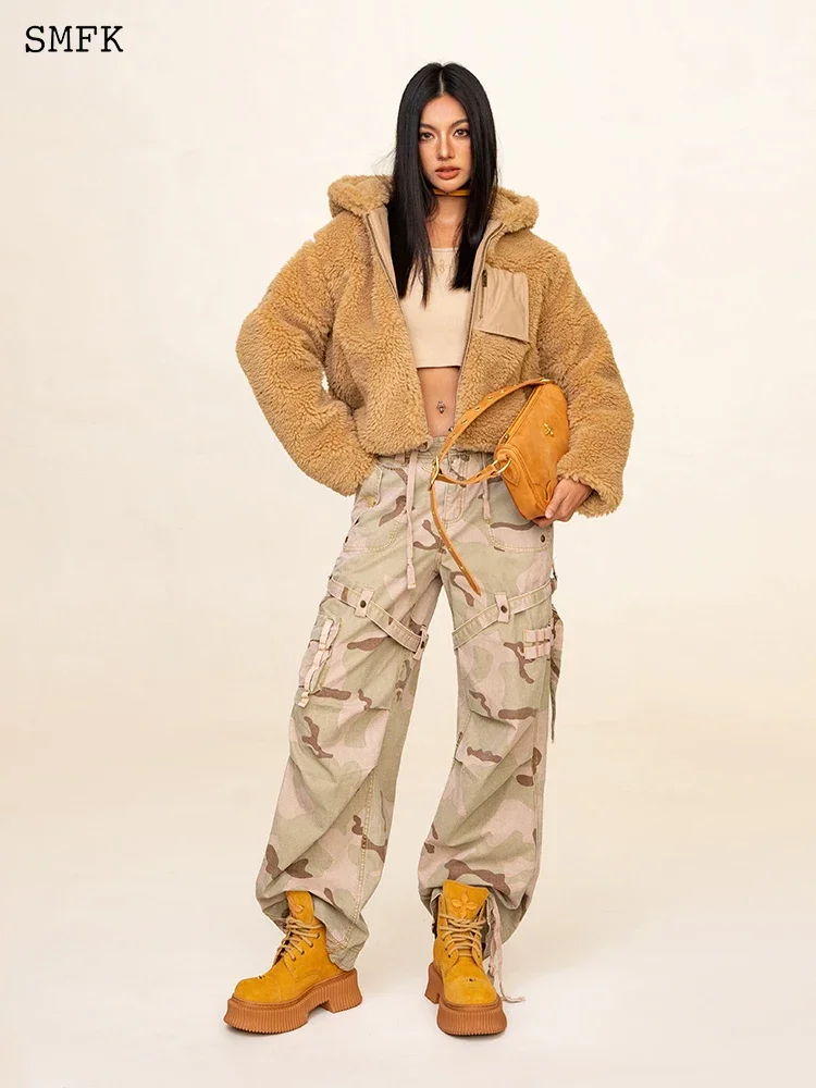 SMFK ファーコート Smfk-explorer女性用ファーパーカー、アウトドア、ラムフリース