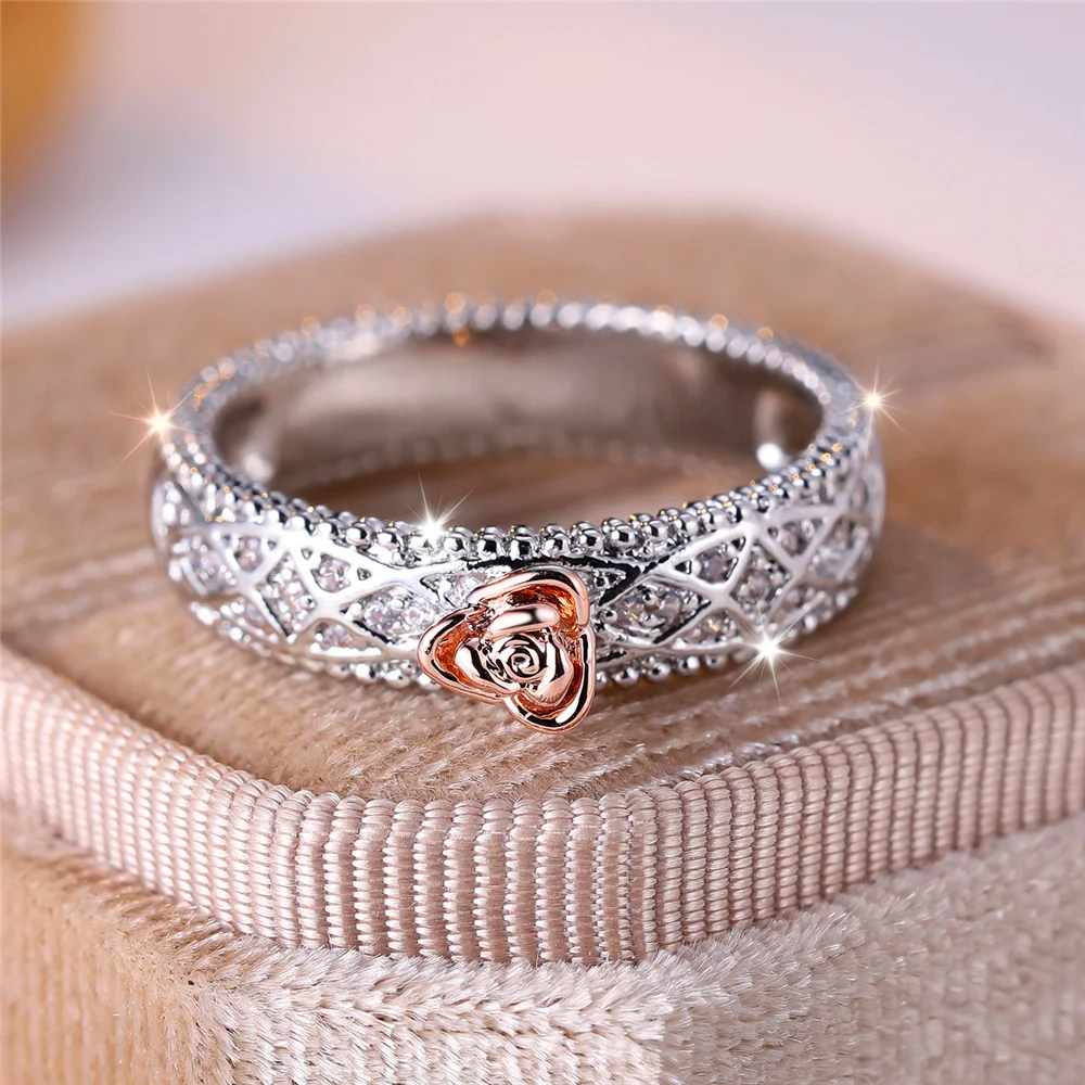 Cute Female White Stone Rose Flower Ring Vintage Silver Color Wedding Jewelry For Women