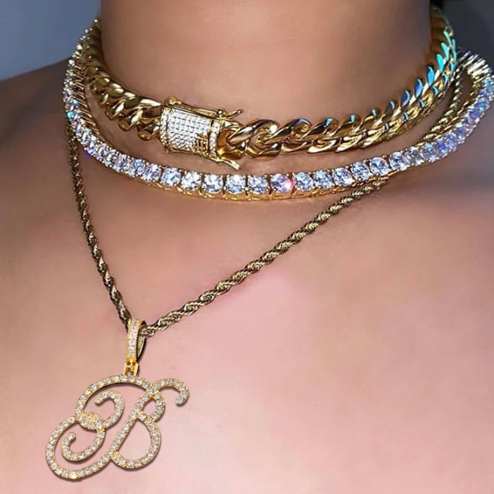 

Trendy Golden Zircon Cursive Crystal Letter Necklace For Women Multilayer Rope Chain A-Z Initial Long Necklaces Hip Hop Jewelry