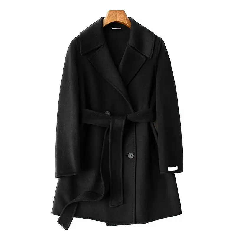 

2023 New Woolen coat,100% Wool New Medium Long Women's autumn and winter Lace Up Double Face Wool Coat