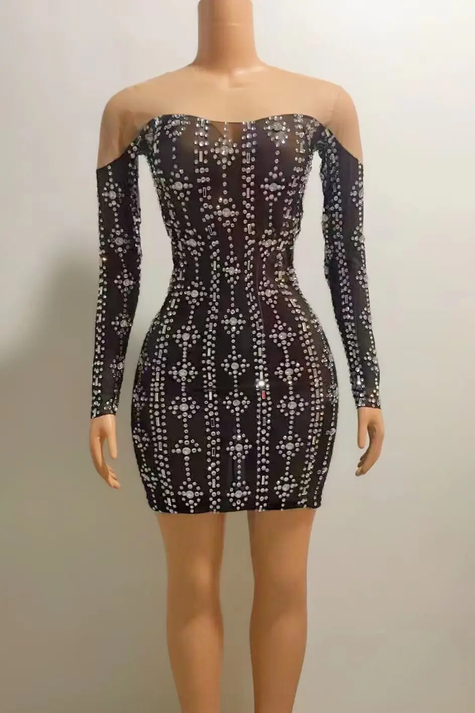 

Silver Rhinestones Black Mesh MINI Dress Female Singer Evening Stage Show Dress Birthday Celebrate Sexy Perspective Outfit