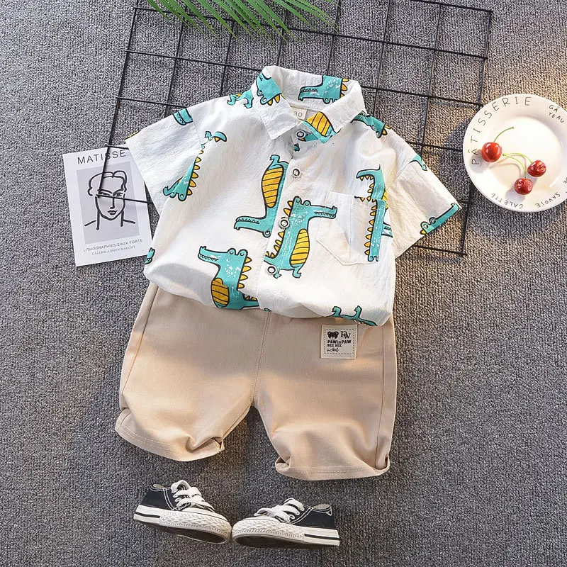 

Summer Baby Boys' Short Sleeve Shirt Shorts Set Infant Children Blue Green Small Crocodile Print Clothing Set Kids Active Wear