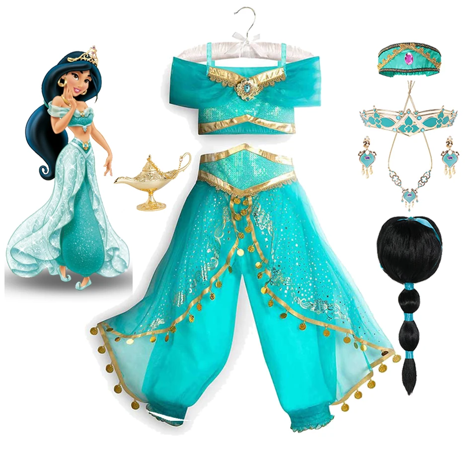 Acheter Robe Jasmine pour enfants, lampe magique de princesse Aladdin, Costume Cosplay de fête d'anniversaire pour filles, haut + pantalon + bandeau, vêtements de carnaval pas chere