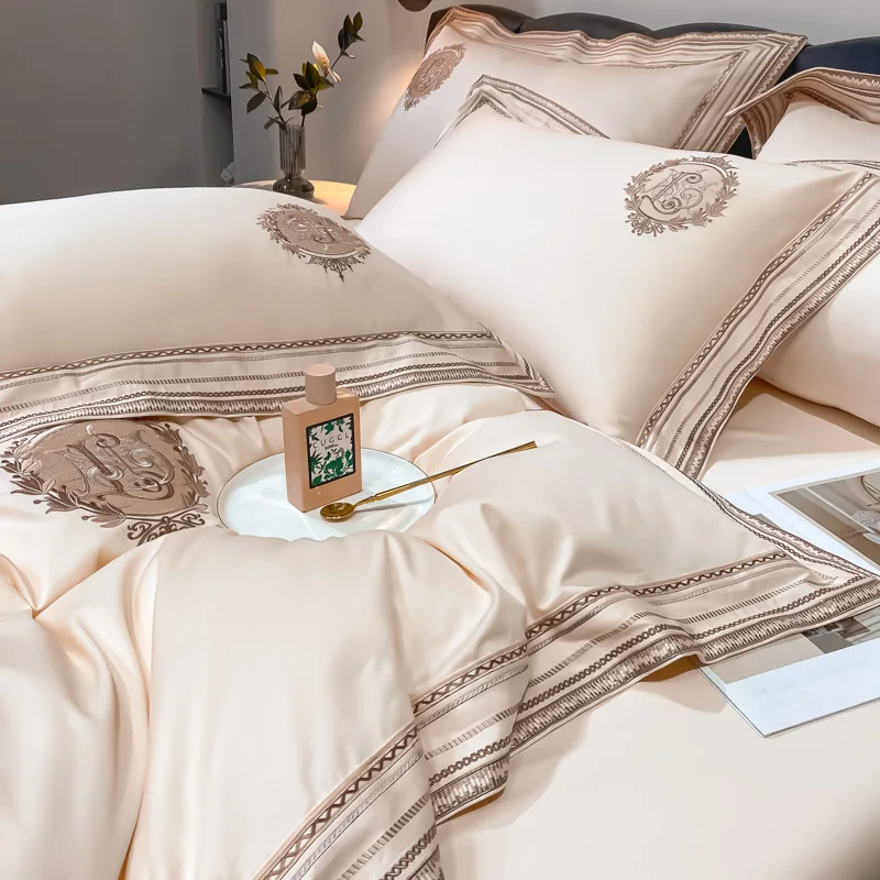 Luxury Embroidery Bedding Sets 1000TC Egyptian Cotton Champagne White Red Duvet Cover Bed Sheet/Fitted Sheet Pillowcases 4Pcs 4