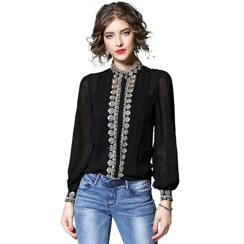 

Two Piece See Through Chiffon Tops 2021 Summer Women Long Lantern Sleeve Gold Embroidery White Black Casual Blouse Office Shirt