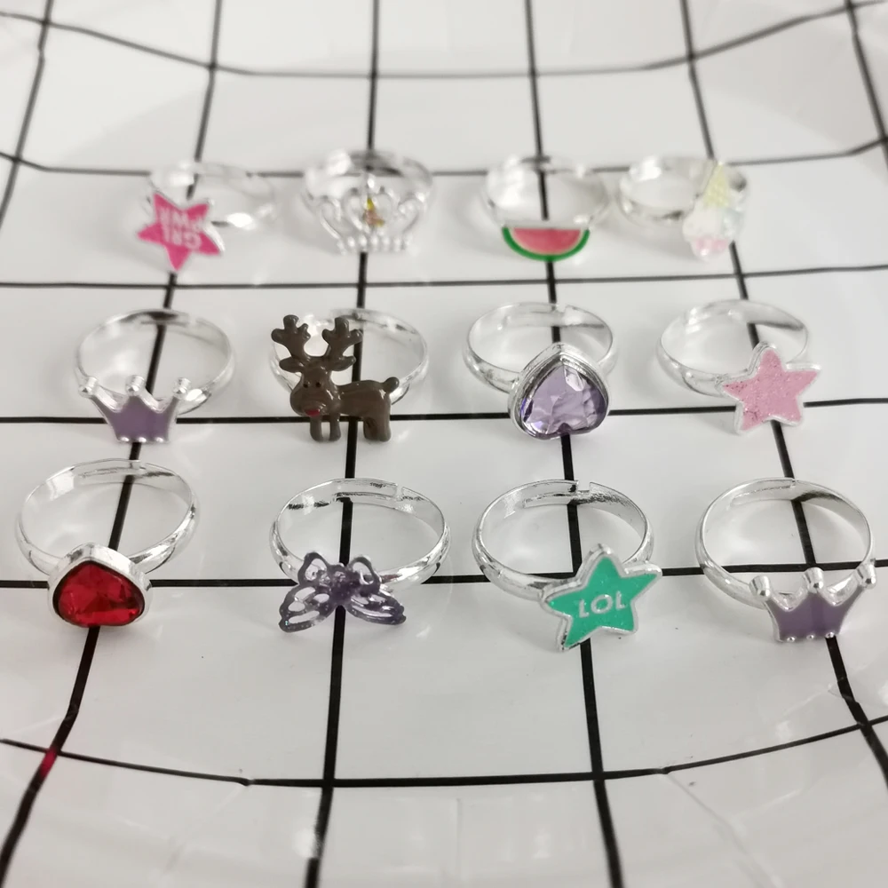 12/36PCS Cute Adjustable Rings for Children Girls Pretend Play Makeup Ring Jewelry Watermelon Iceream Heart Enamel Ring 3