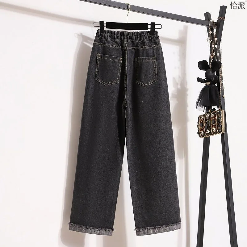 Wide Leg Denim Pants For Women Elastic Waist Cuffs Casual Ankle-Length Baggy Jeans 2024 Spring Autumn Straight Ankle-Length Pant