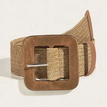 여성용 사각 나무 버클 보호 빨대 벨트, 데일리 장식, 직조 디테일, 여성용 벨트 거들, 여름 원피스, 1 개 상품 이미지