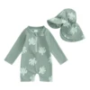 Kids Baby Girls Boys Beach Swimwear Floral/Tropical Tree Print Long Sleeve Zip Up Rompers Swimsuit Bathing Suits with Hat 5