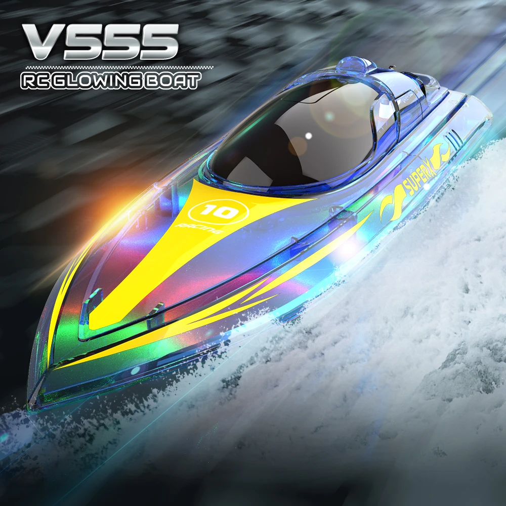 Мини радиоуправляемая лодка V555 со светодиодной подсветкой, водонепроницаемая модель, электрическая скоростная лодка 15 км/ч, игрушки для детей и мальчиков, время использования 60 минут
