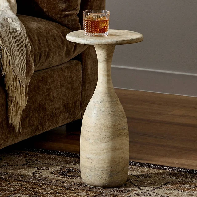 Table d'appoint au design inspiré du bowling, table basse moderne en marbre et texture travertin 1