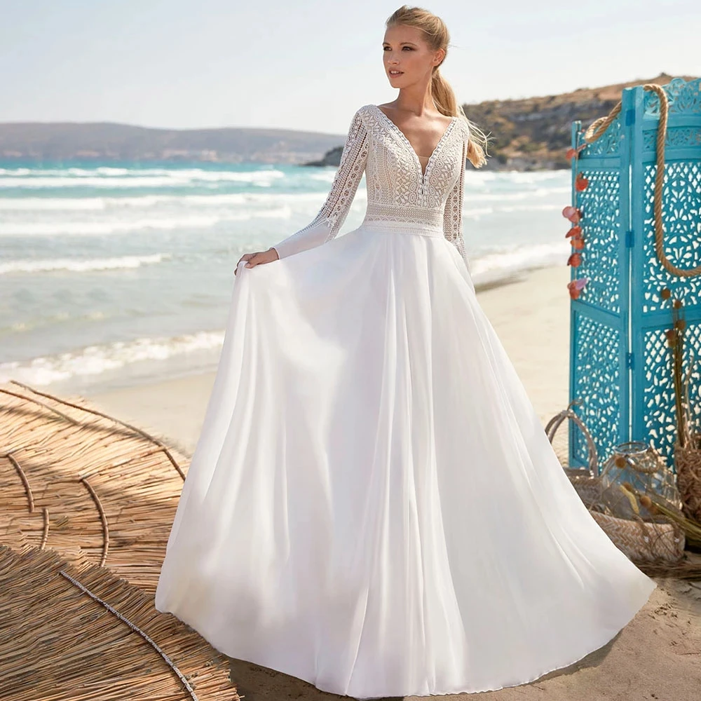 

A-Line Chiffon Wedding Dresses Women's Simple Lace Long Sleeve Bridal Gowns Sexy V-Neck Backless Formal Prom Party Customized De