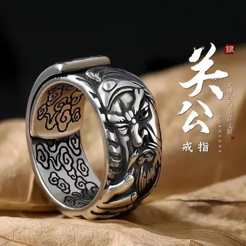 

Мужское Винтажное кольцо из чистого серебра 990 пробы, тайский Бог войны и богатства Гуань гонг, Незамкнутое кольцо для облегчения удачи Гуань Юй