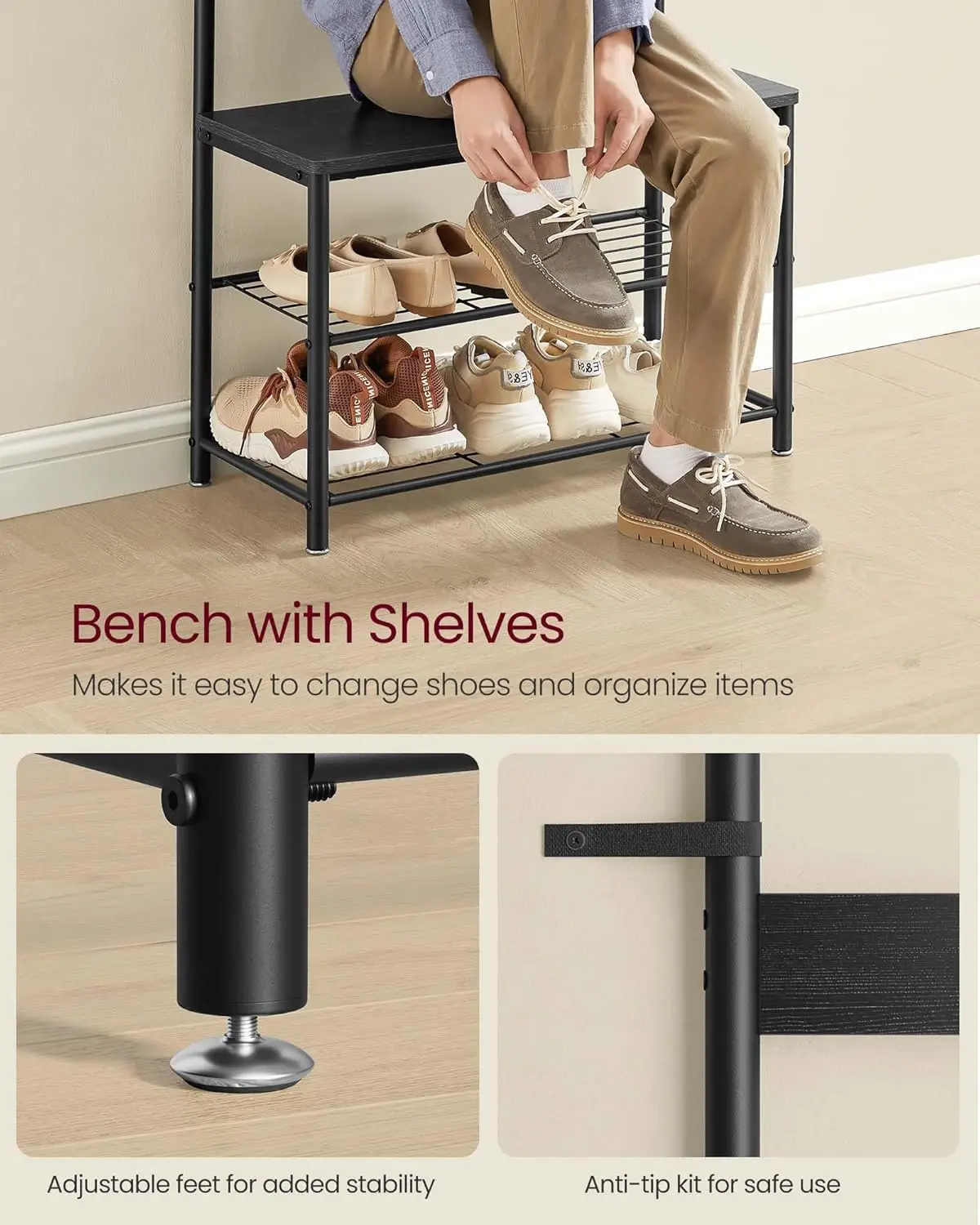 Coat Rack, Hall Tree with Shoe Storage Bench, Entryway Bench with Shoe Storage, 3-in-1, Steel Frame,