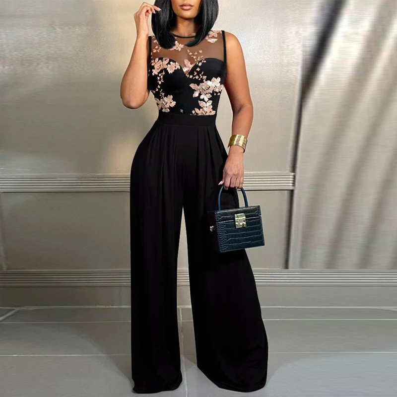 

Elegant O-Neck Office Slim Long Romper Female Mesh Patchwork High Waist Jumpsuit Summer Sleeveless High Waist Overalls Playsuit