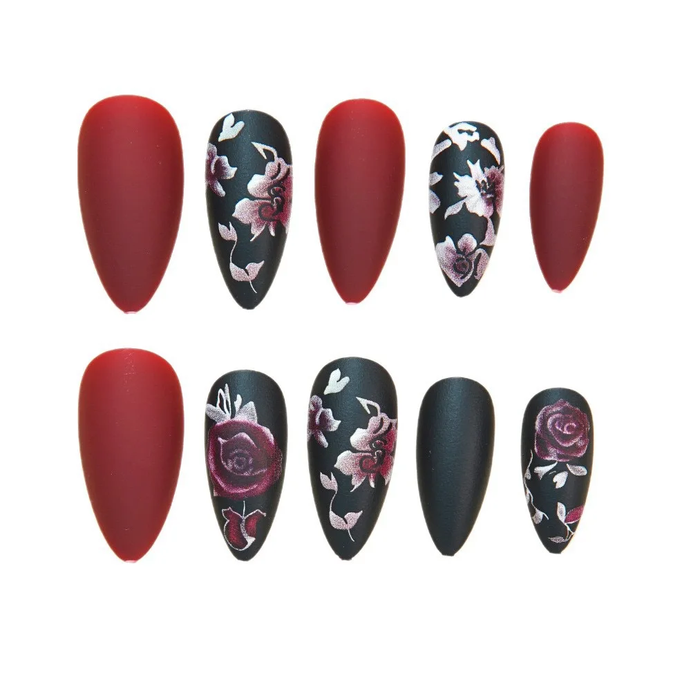 24개 가을 겨울 무광 아몬드 모양 인조 손톱 (글루 포함) 장미잎 프린팅 네일아트 심플 풀커버 프레스온 아크릴 네일 팁