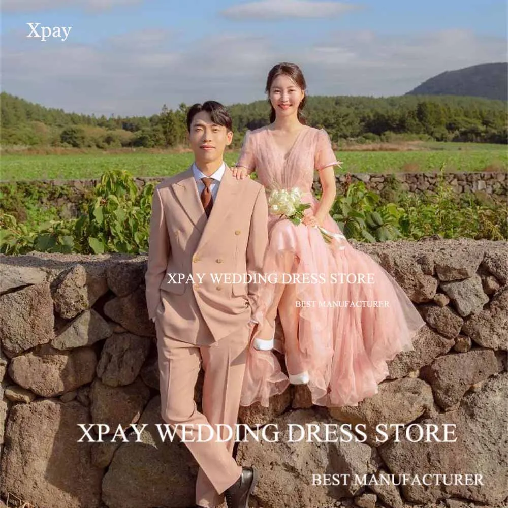 XPAY Pink V Neck Korea A Line Wedding Dresses Short Sleeve Bridal Dress Pearls Tulle Backless Wedding Photos Shoot Bride Gown