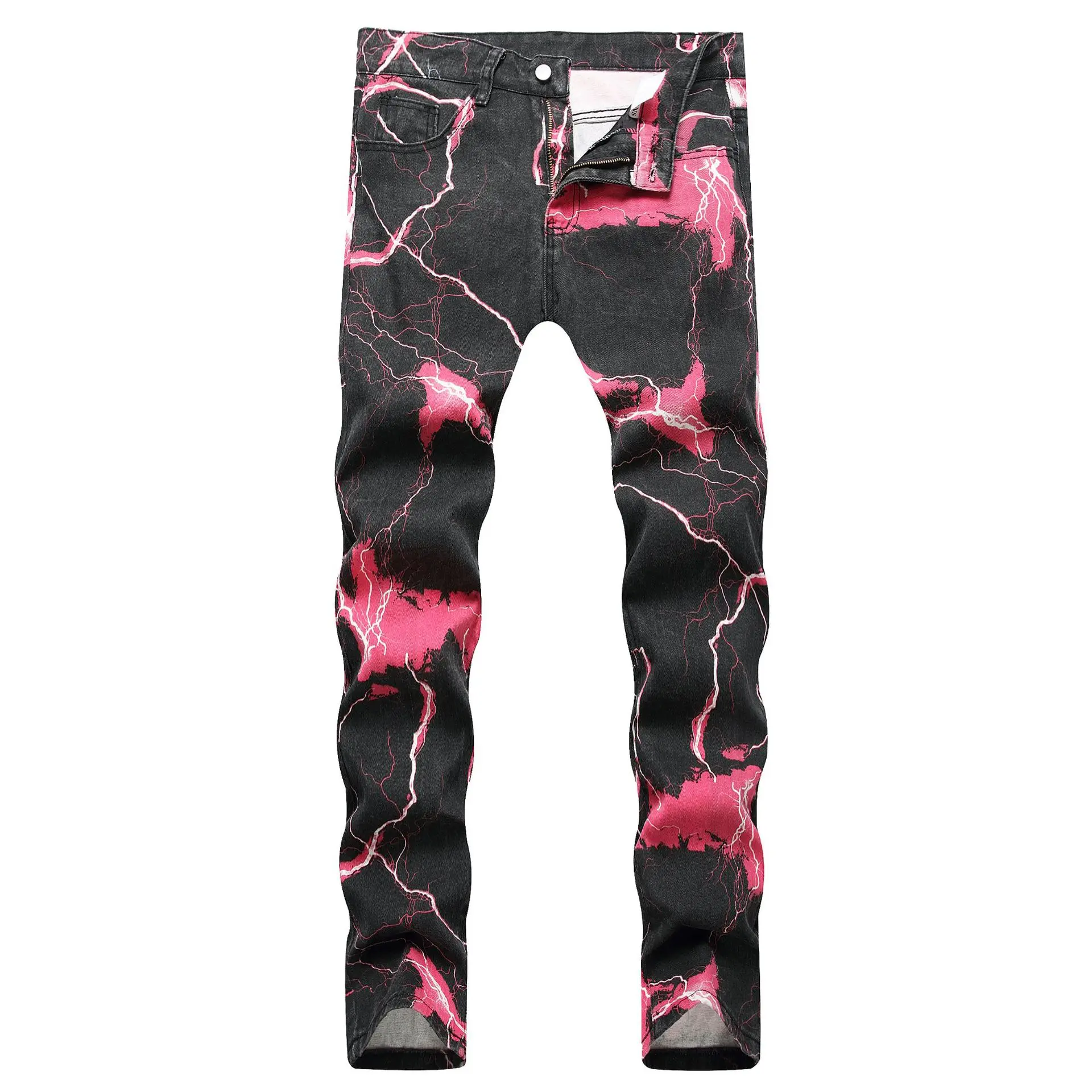 

Techwear New Tide Mens Pink Lightning Print Jeans Black Tie Dye Jean Trousers Men Streetwear Y2K Denim Pants Pantalones Hombre