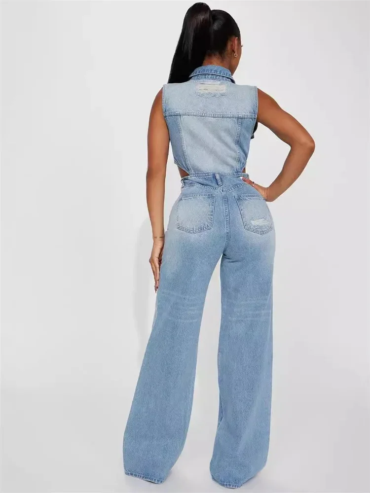 Wmstar Women Jumpsuit Sexy Revealing Waist Tight Waist Slim Fit Elastic Straight Tube Loose Wash Denim Wholesale Dropshipping