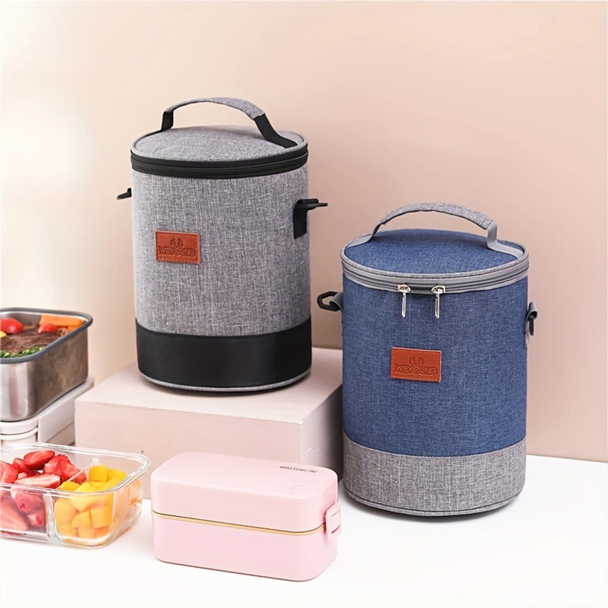 Round Thermal Bag Aluminium Foil Lunch Box Bag Cylinder Bento Shoulder Waterproof Large Capacity Lunch with Suitab