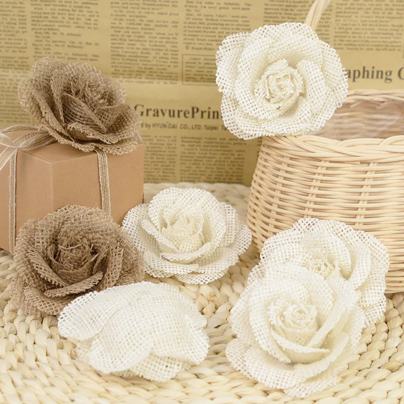 Beige and Wheat Colored Burlap Ribbons and Petals with Burlap Flowered  Center