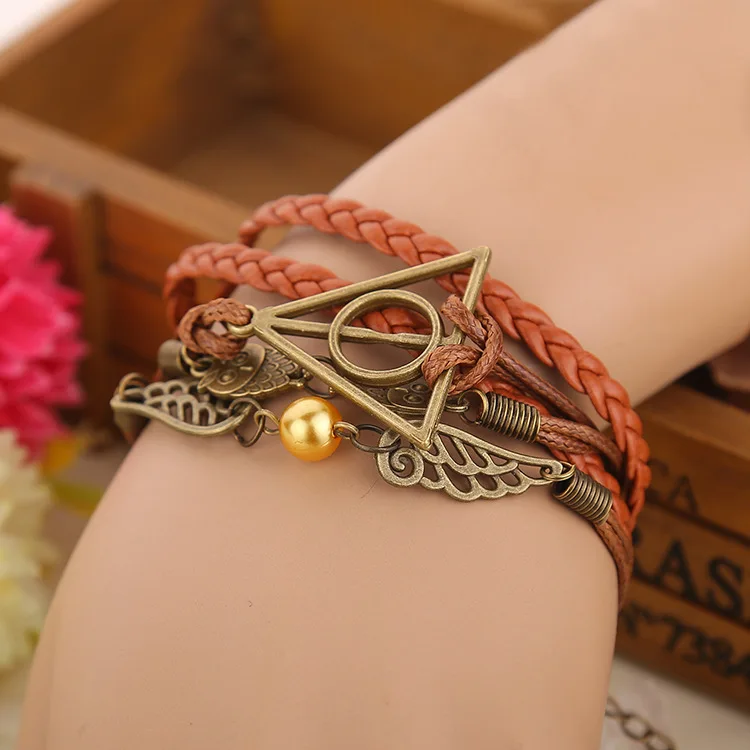 Leather Bracelets Movie Jewelry Owl Wings Triangle Bracelet Black Brown Leather Rope Vintage Retro Punk Steampunk For Fans Accessories Gift