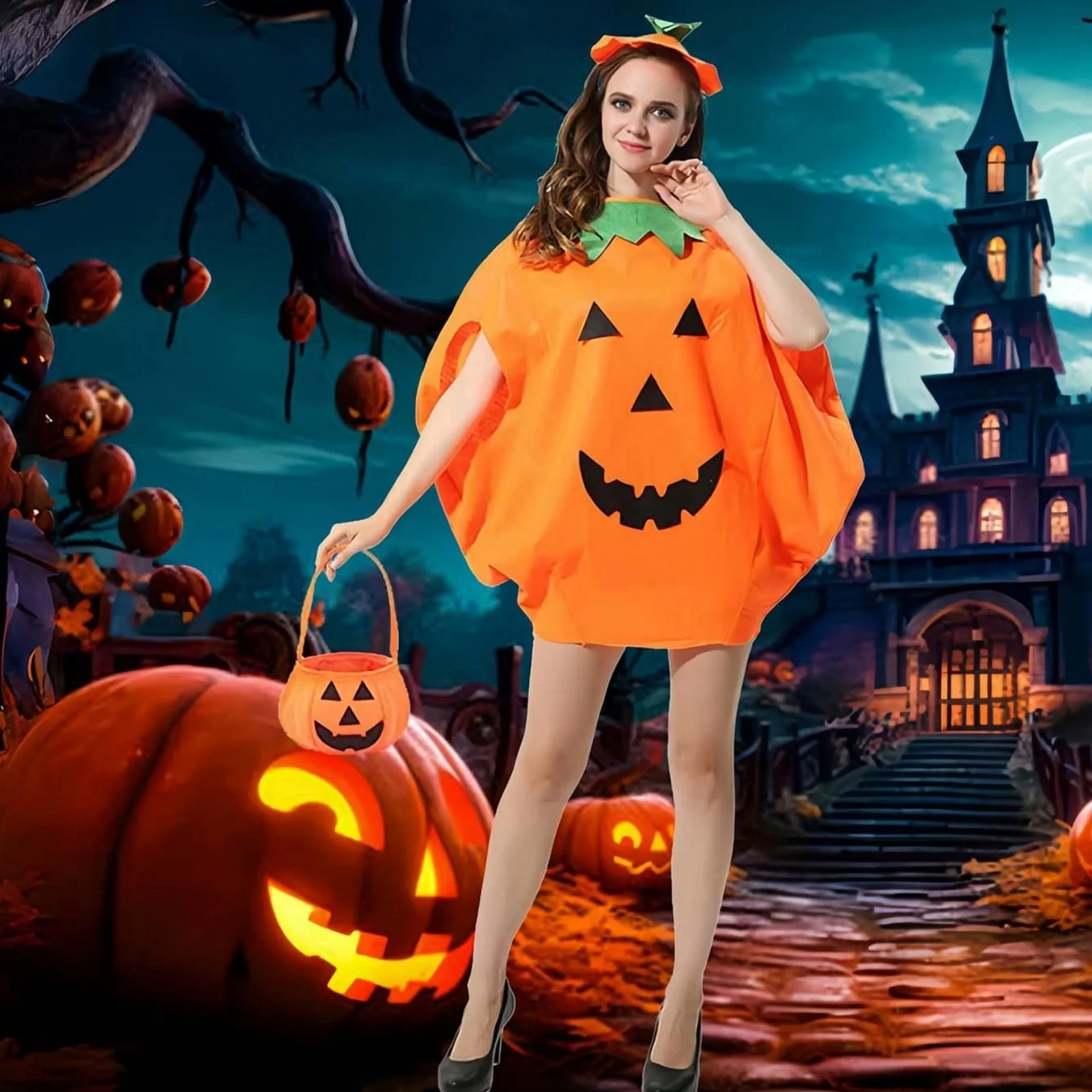 3PCS Women's Pumpkin Halloween Costume Set:Cute Orange Outfit With Hat, Cosplay Attire For Party, Carnival, Holiday Role-Playing