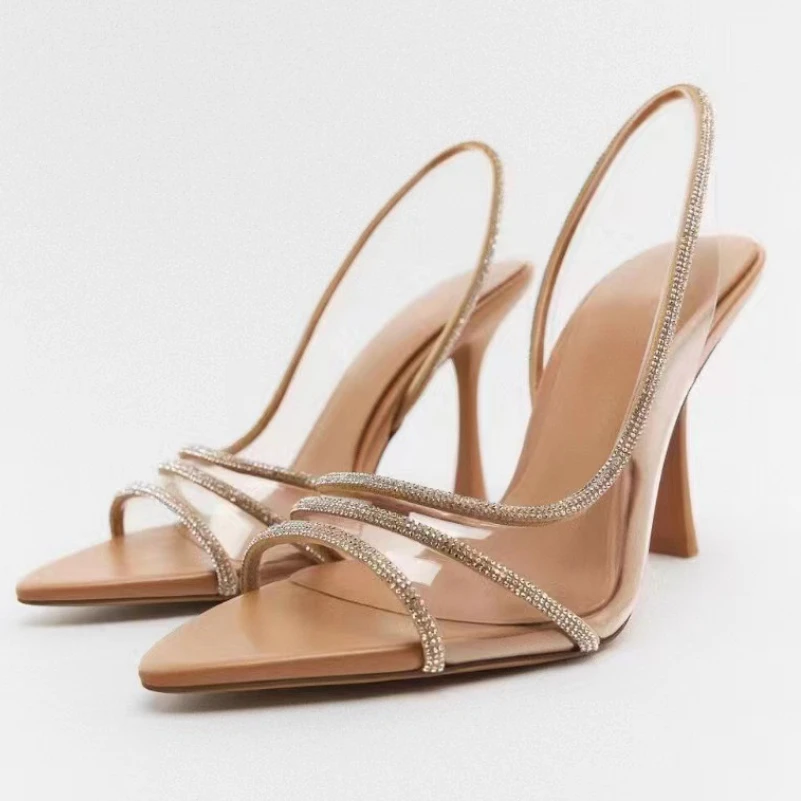 

Meotina Women Sandals Pointed Toe Thin High Heels Transparent Crystal Narrow Band Ladies Fashion Career Shoes Summer White 42