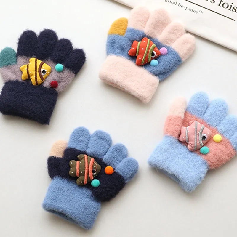 3D Doll Children Gloves Thick Baby Plush Gloves Cute Cartoon Toddler Five Finger Mitten 0-3year Boy Girl Kids Winter Hand Warmer 2