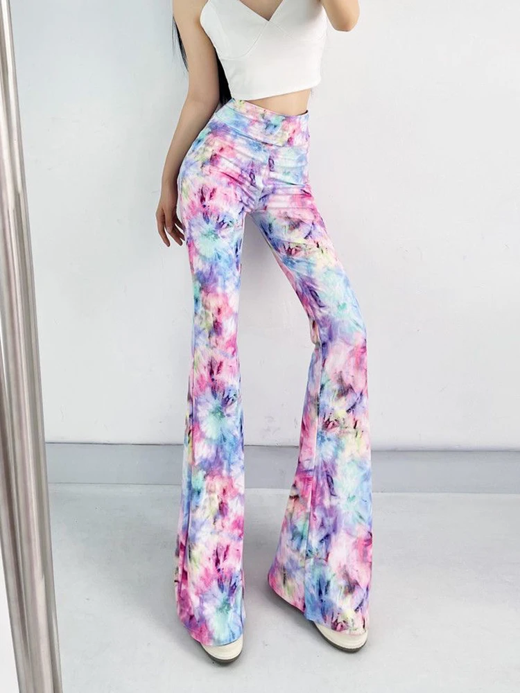 Sexy High Waist Striped Flare Pants Women Streetwear Print Tie Dye