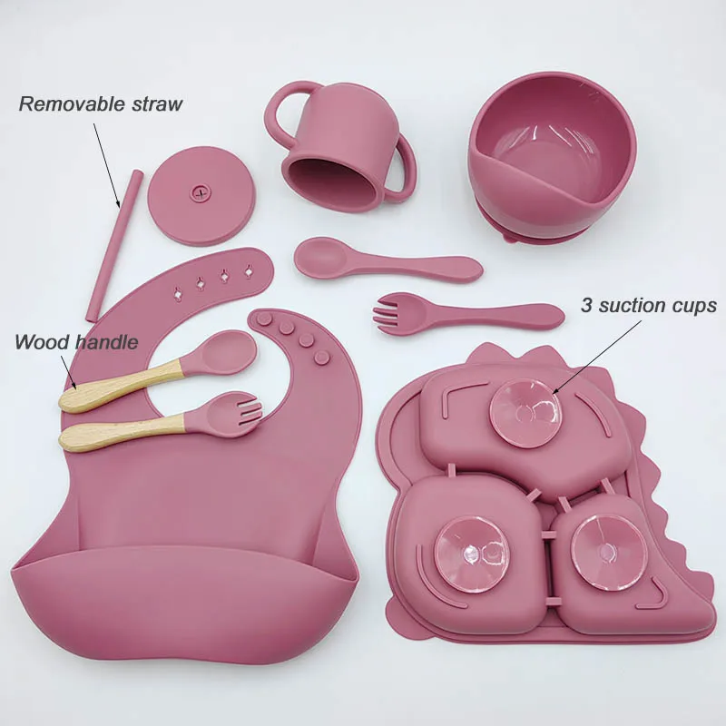 Dinosaur Children Dishes Plate Baby Feeding Set Personalized Name Silicone Tableware For Kids Toddlers Training Bowl Baby Stuff 3