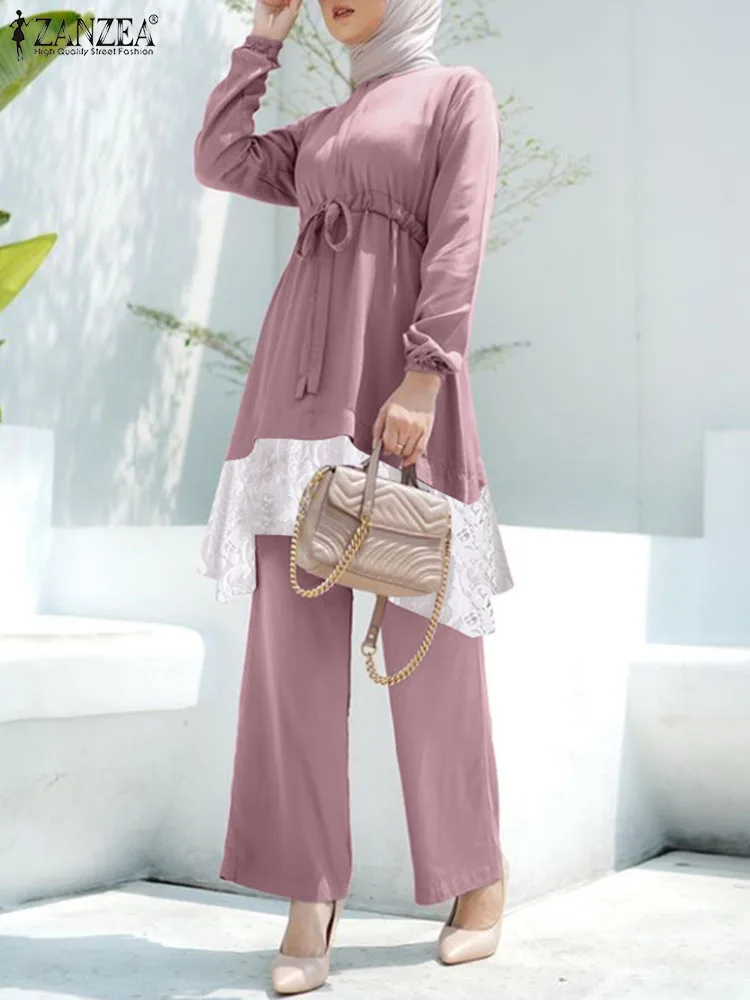 

Stylish Muslim Suit Autumn Lace Patchwork Blouse Fashion Loose Pant Sets ZANZEA 2023 Casual Abaya Sets Elegant Isamic Clothing