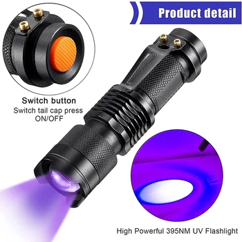 줌 기능이 있는 LED UV 손전등 자외선 토치 저전력 실외 사냥등 사냥 도구 전갈 395-410nm 자외선 손전등 형광 검출용 미니 블랙 라이트 자외선 손전등 395-410nm 자외선 손전등 365nm 자외선 손전등