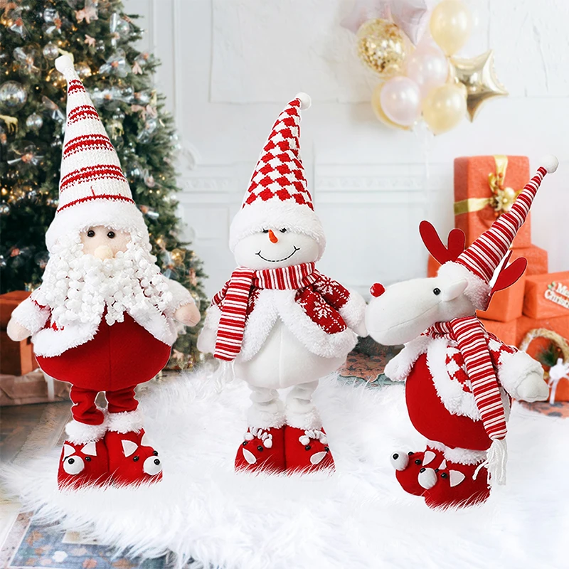 Merry Christmas Home Decor: Red White Striped Santa Claus Dolls Snowman Elk Doll Ornament Telescopic Decoration