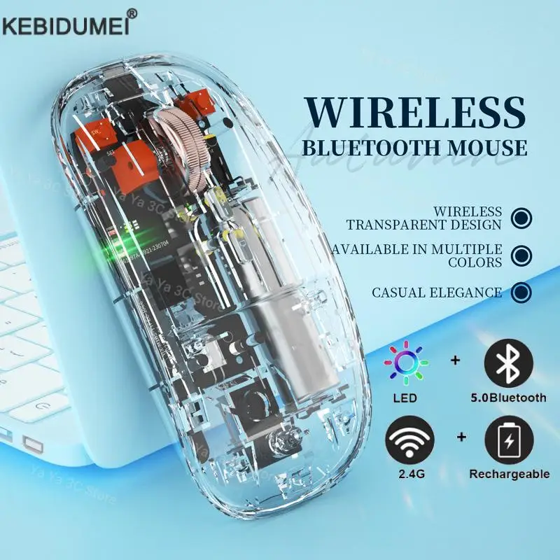 Transparent Wireless Mouse Three Modes 2.4G Bluetooth Rechargeable Mouse Luminous Light Computer Game Mice for PC Laptop